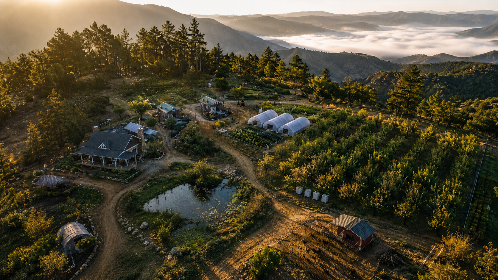 Grace in the Orchard — aerial view of the homestead at 4,481 ft elevation in the Southern California mountains